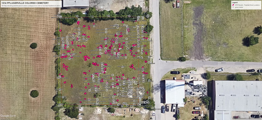 Aerial GPR survey map of the Pflugerville Colored Cemetery with grave markers